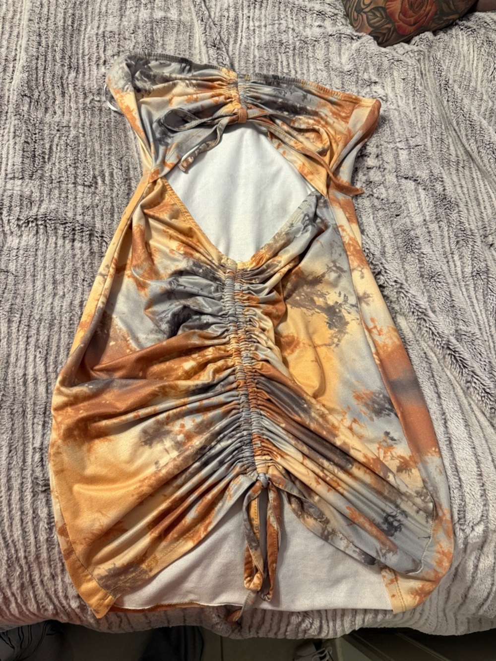 SHEIN Orange and Gray Tie-Dye Ruched Cutout Mini Dress - Picture 2 of 4